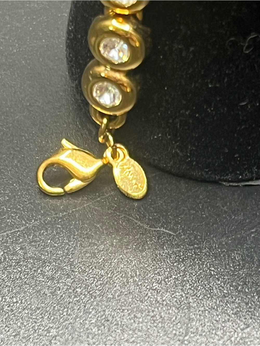 Vintage Monet Gold Tone Crystal Tennis Bracelet Signed Bezel Set Rhinestones - Picture 5 of 6